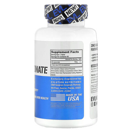 EVLution Nutrition, Глюконат цинка, 60 таблеток