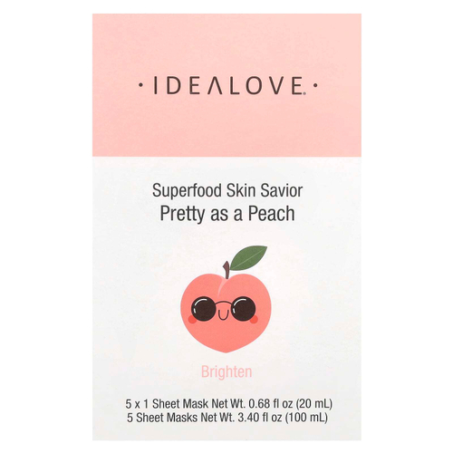 Idealove, Superfood Skin Savior, маска для лица с суперфудами, персик, 5 шт. по 20 мл (0,68 жидк. унции)