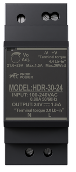 Источник питания PROMPOWER HDR-30-24, на вых. 24 В DC, 1.5А, 36Вт. Вх. 85-264В AC (120-370 В DC)