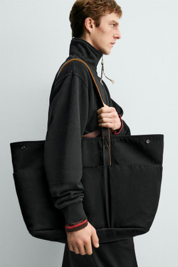 ZARA X AARON LEVINE ШОПЕР С КОЖАНЫМИ ДЕТАЛЯМИ, ЧЕРНЫЙ