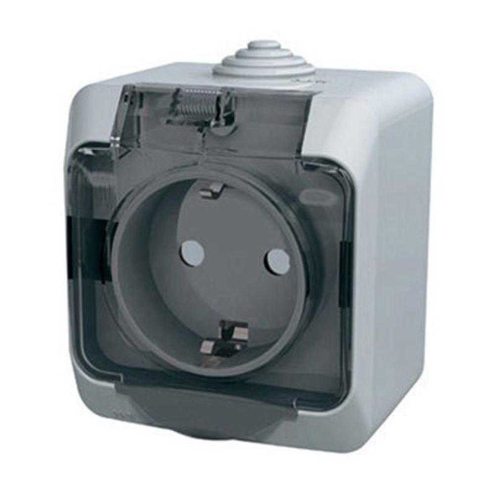 Schneider Electric ЭТЮД Серый Розетка 1-местная с заземляющими контактами со шторками с крышкой IP44 открытая установка PA16-044C