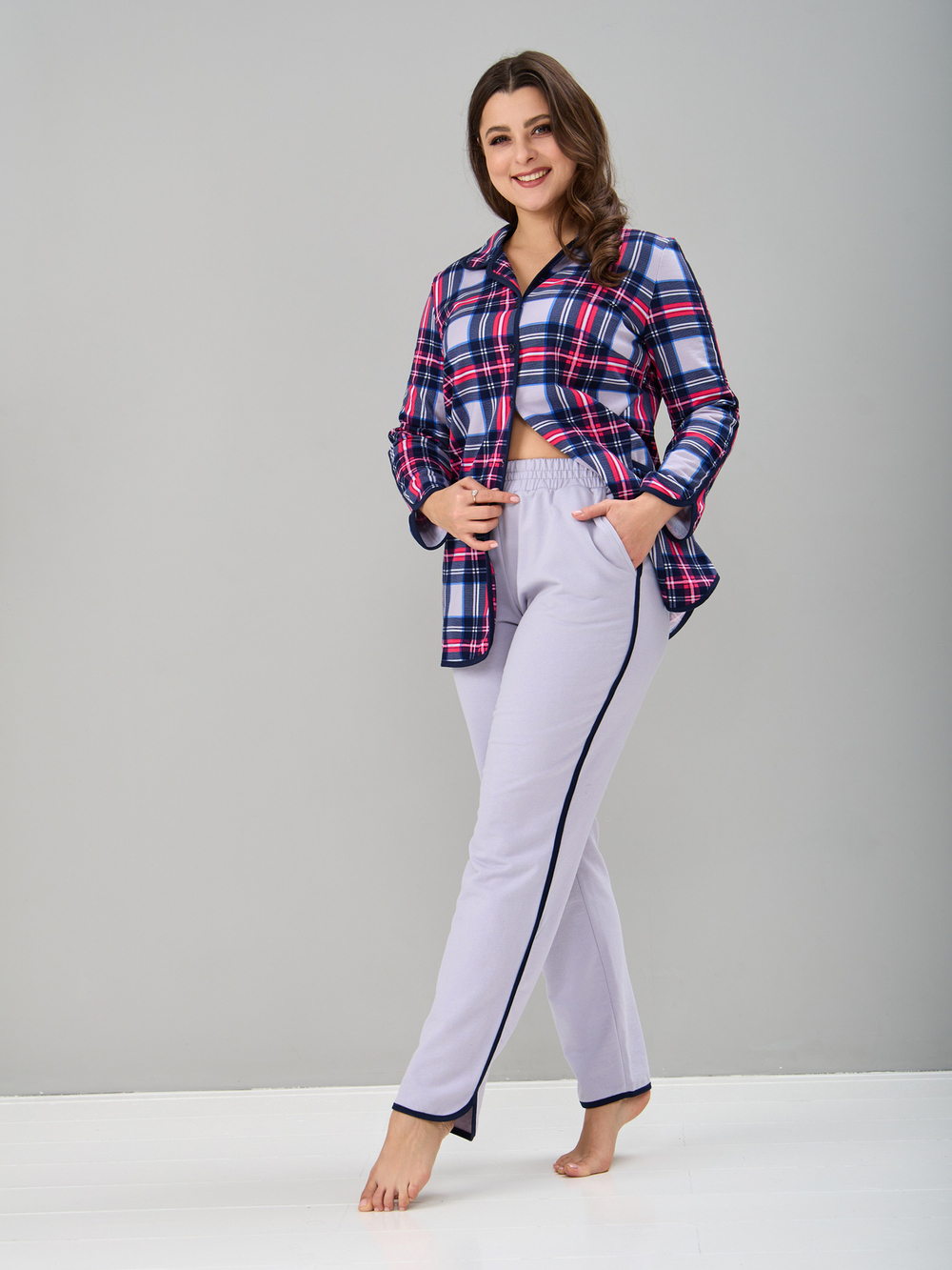 Пижама с брюками КБ-002/клеткасерая-малина