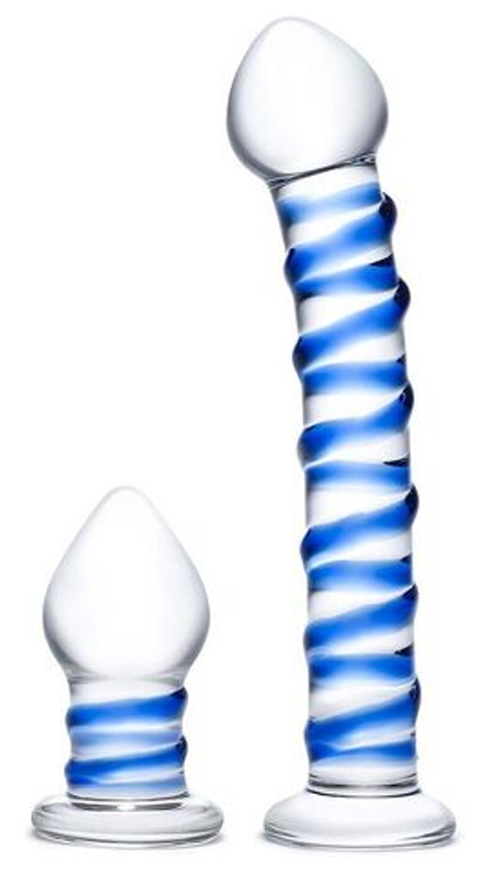 Набор из 2 стеклянных игрушек с синей спиралью Swirly Dildo   Buttplug Set