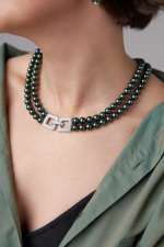 Колье "Эмили" зеленый жемчуг с серебряной застежкой из кубических микроцирконов