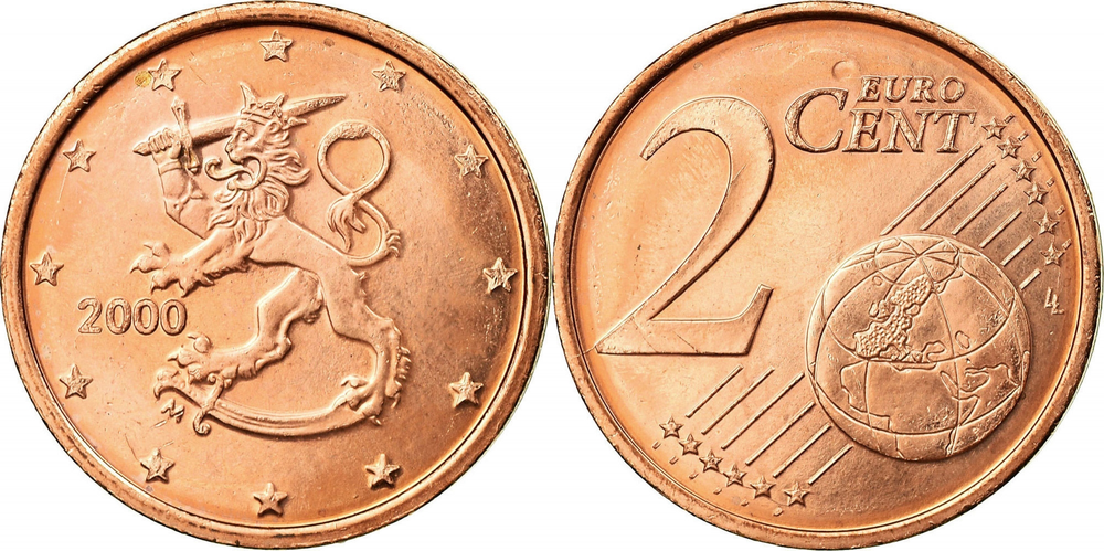 Финляндия 2 евроцента, 1999-2024 Лев UNC