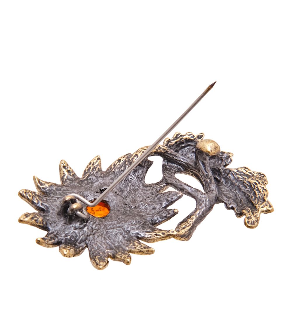 AM-3519 Брошь «Цветок Календула» (латунь, янтарь)