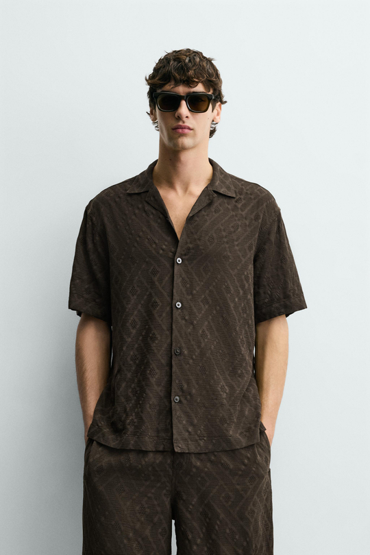 ZARА РУБАШКА JACQUARD С ГЕОМЕТРИЧЕСКИМ УЗОРОМ, КОРИЧНЕВЫЙ