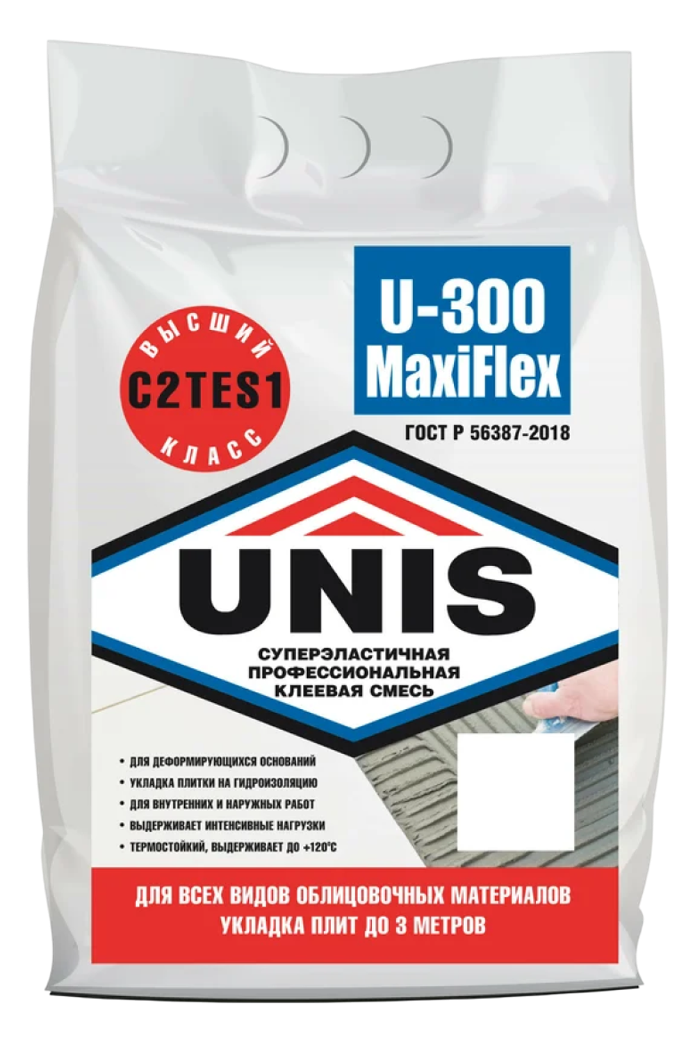 Клей UNIS U-300 MAXIFLEX С2ТЕS1 эластичный для керамогранита макси формата 5 кг