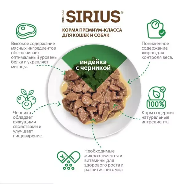 Пауч SIRIUS для кошек с чувствительным пищеварением, индейка с черникой