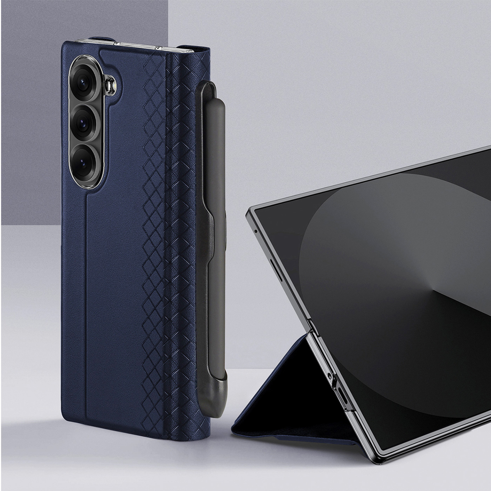 Чехол синего цвета с премиальной искусственной кожи с MagSafe от Dux Ducis для Samsung Galaxy Z Fold 7, серия Bril Series Case (версия с S Pen)