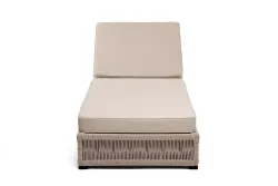 "Ривьера" шезлонг плетеный из роупа, каркас алюминий белый муар, роуп бежевый круглый, ткань бежевая 052