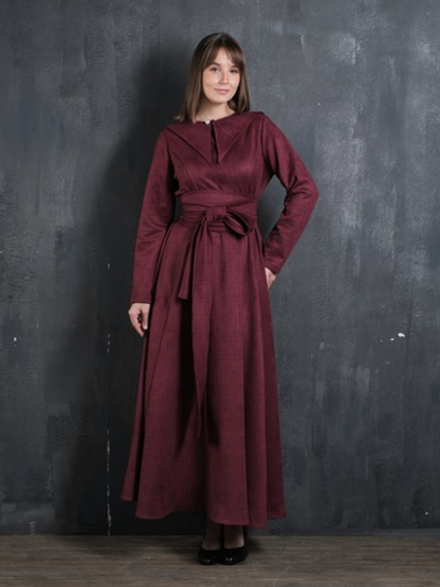 Платье с кушаком /бордовая клетка