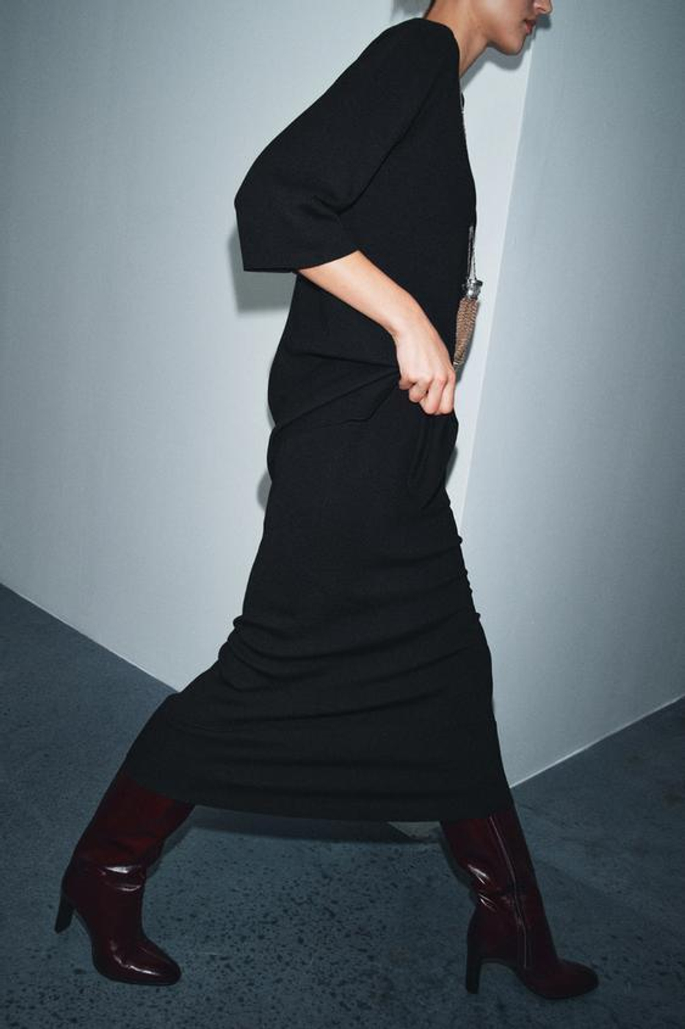 ZARA ТРИКОТАЖНАЯ ЮБКА МИДИ, ЧЕРНЫЙ