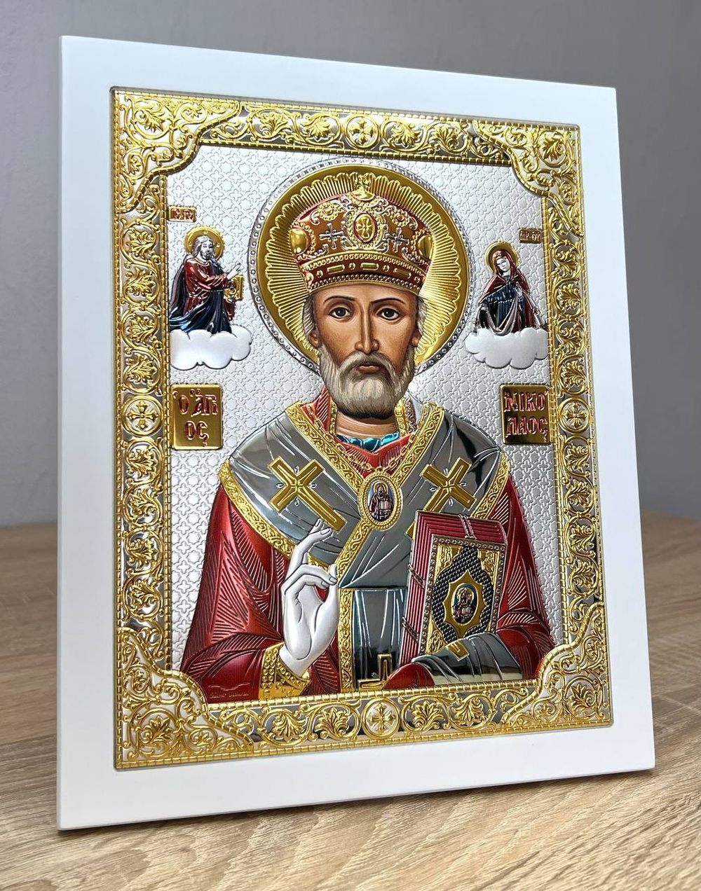 Николай Чудотворец, икона прямоугольная с рамкой, белое дерево, эмаль 210х260