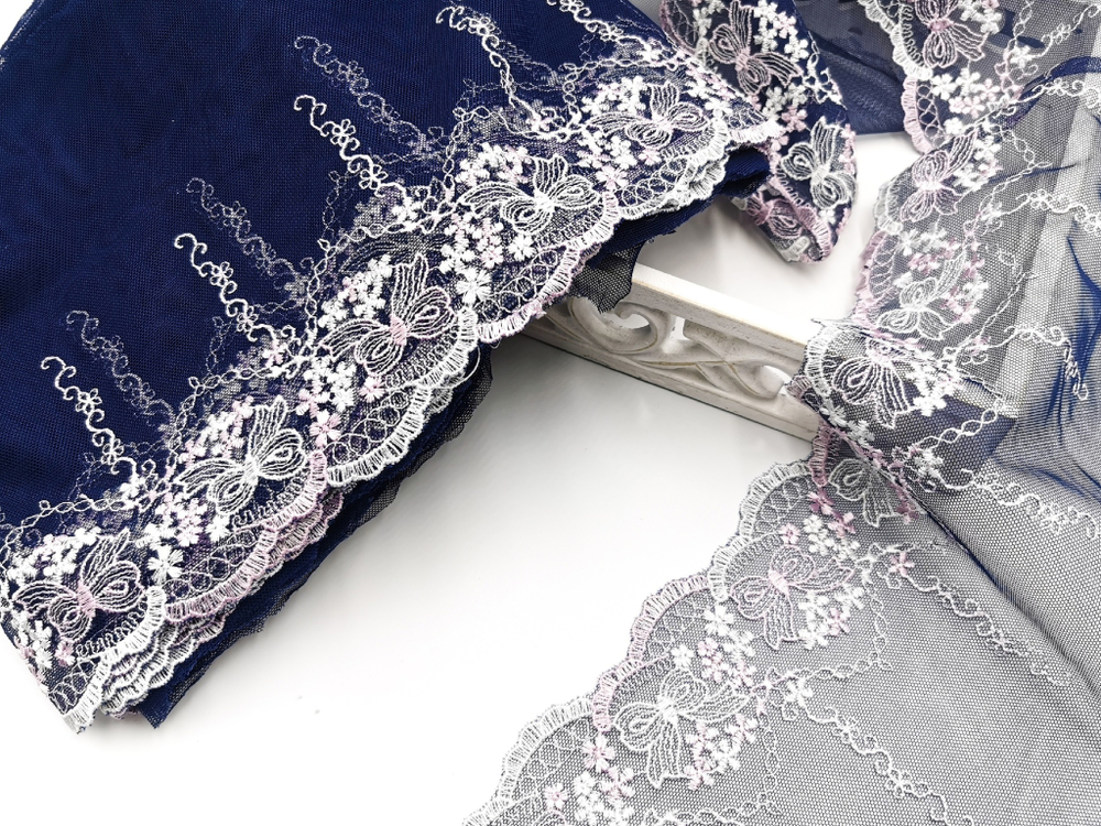 Вышивка на сетке, ЛЕВАЯ, 20 см, темно-синий/розовые бантики, (Артикул: VS-1027), м