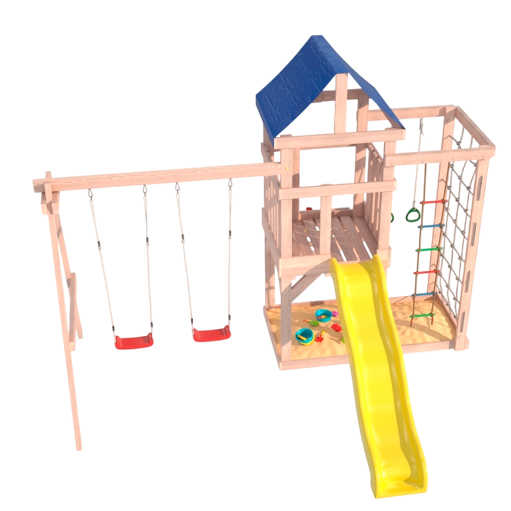 Детская площадка для улицы и дачи Fun Land неокрашенная с сеткой стенкой и качелями