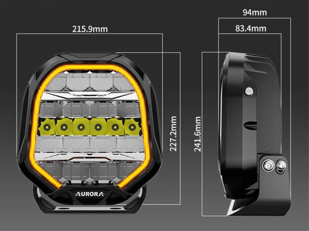 Фара светодиодная AURORA 9″ 270W c подсветкой корпуса (ДХО) Янтарный + Белый 1 шт.