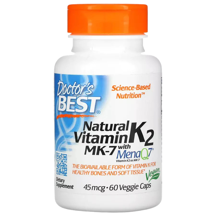 Витамин К2 MK-7 с MenaQ7 45 мкг, Vitamin K2 MK-7 with MenaQ7, Doctor's Best, 60 вегетарианских капсул