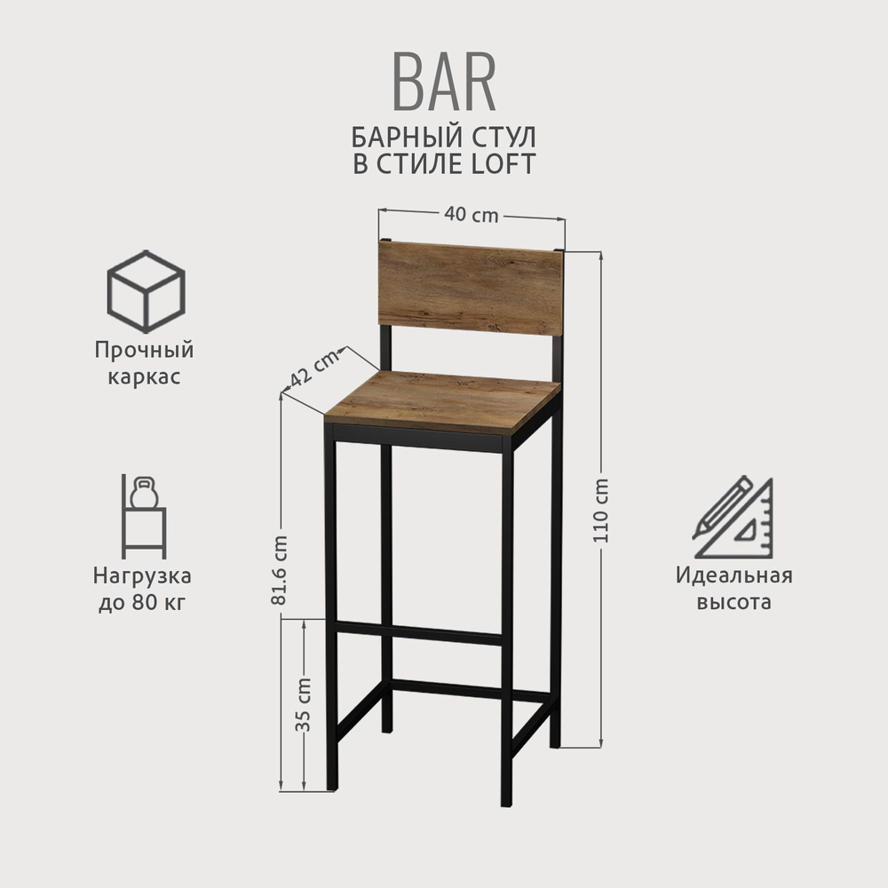 Барный стул со спинкой BAR loft,стул кухонный металлический, 40х42х110 см, ГРОСТАТ