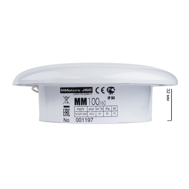 Сверхтонкий вытяжной вентилятор для ванн ММ 100 круглый 60 м³/час с обратным клапаном серый