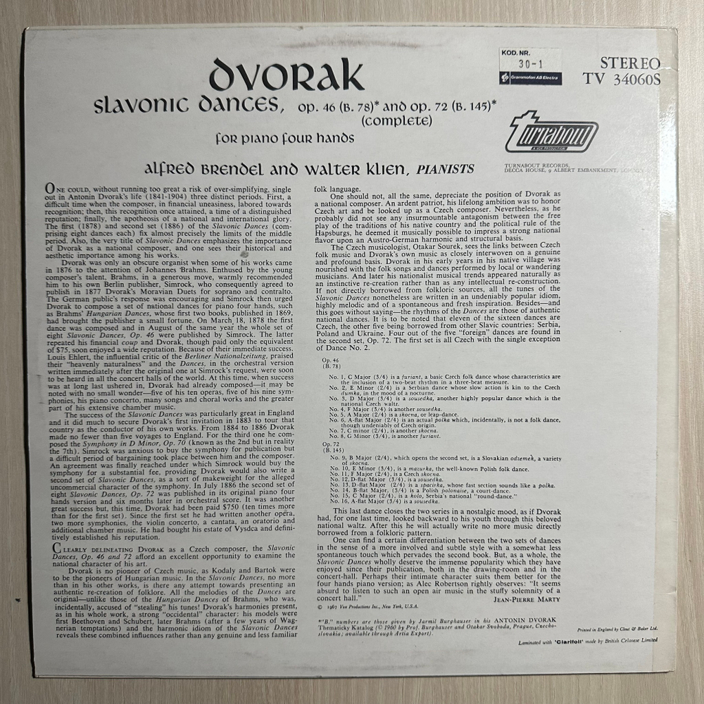 Дворжак - Славянские танцы, соч. 46 и 72, для фортепиано в четыре руки (Англия 1967г.)