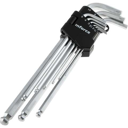 Набор шестигранных экстра-длинных ключей с шаром 9 штук Inforce, размеры 1,5-10мм, 06-05-95