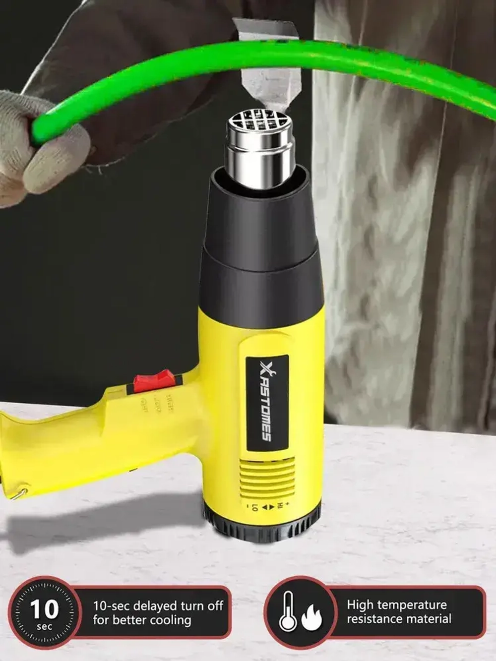 Фен строительный Xastomes 2000Вт с регулировкой температуры от 60 до 600 градусов,защита от перегрева, 220 В,4 насадки