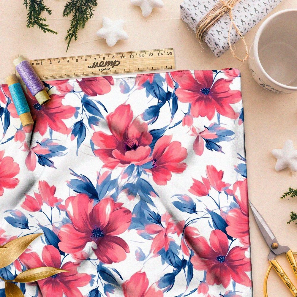 Ткань Ниагара Софт крупные цветы с голубыми листьями