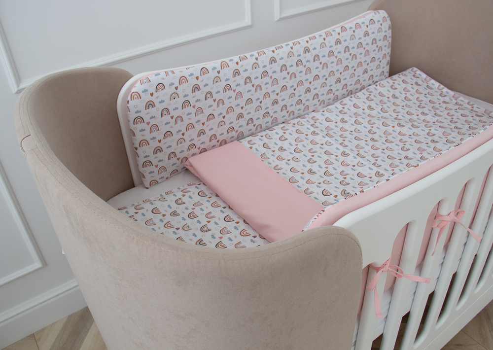 Мягкие бортики для кроватки KIDI soft "Милая радуга" (розовый, сатин)