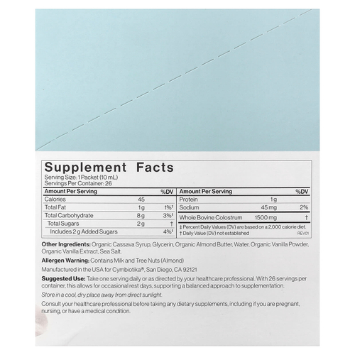 Cymbiotika, молозиво, ваниль и морская соль, 26 пакетиков по 10 мл (0,3 жидк. унции)