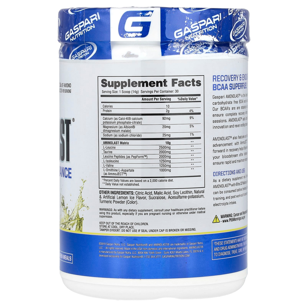 Gaspari Nutrition, Aminolast, Супертопливо BCAA, восстановление и выносливость, лимонный лед, 14,8 унц. (420 г)