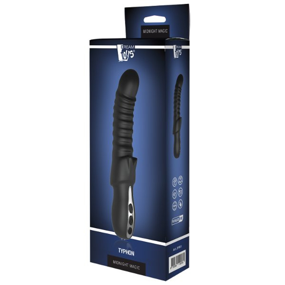 Черный изогнутый вибратор с ребрышками Typhon - 23 см.