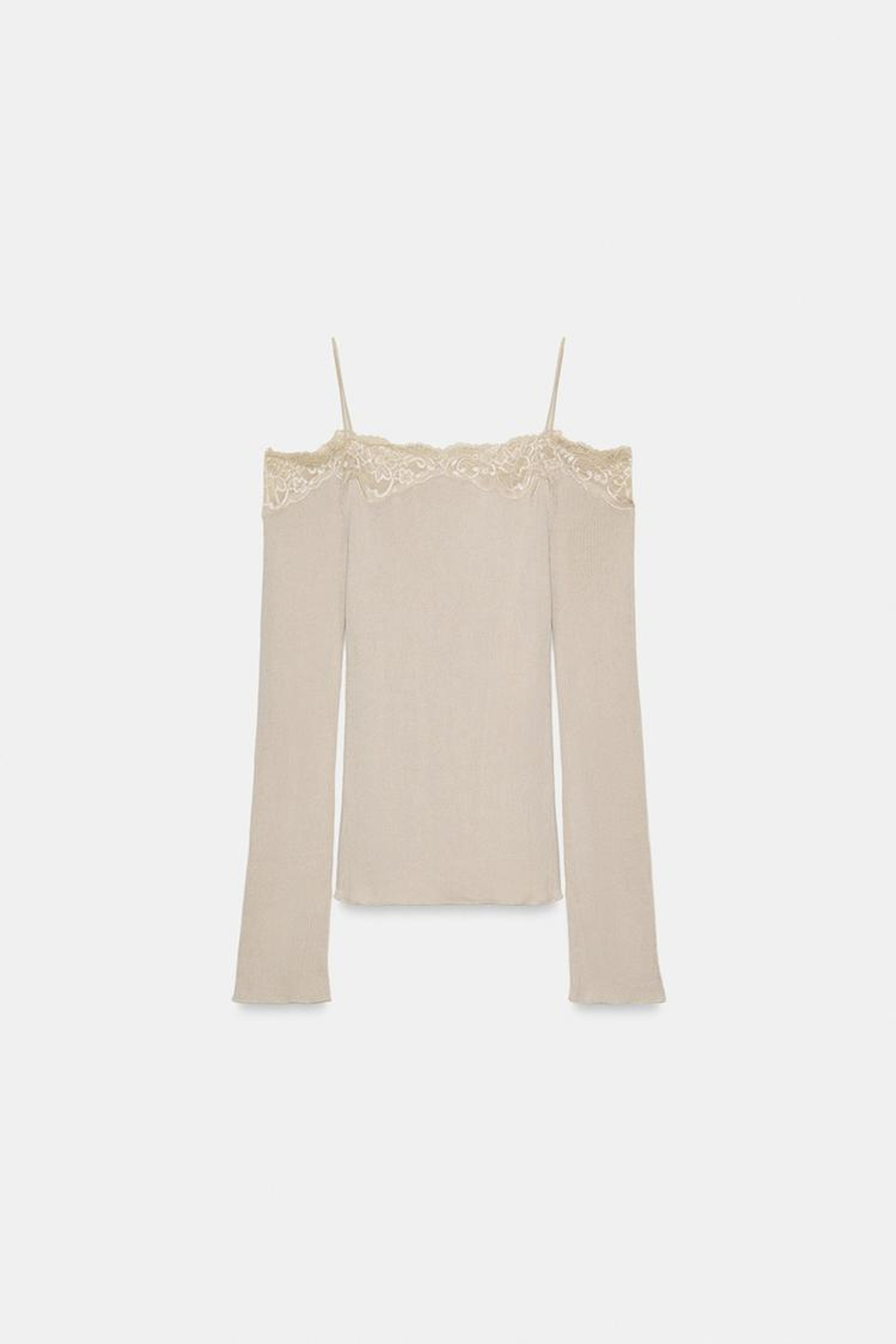 ZARA КОМБИНИРОВАННЫЙ ТОП С ОТКРЫТЫМИ ПЛЕЧАМИ, СВЕТЛО-БЕЖЕВЫЙ