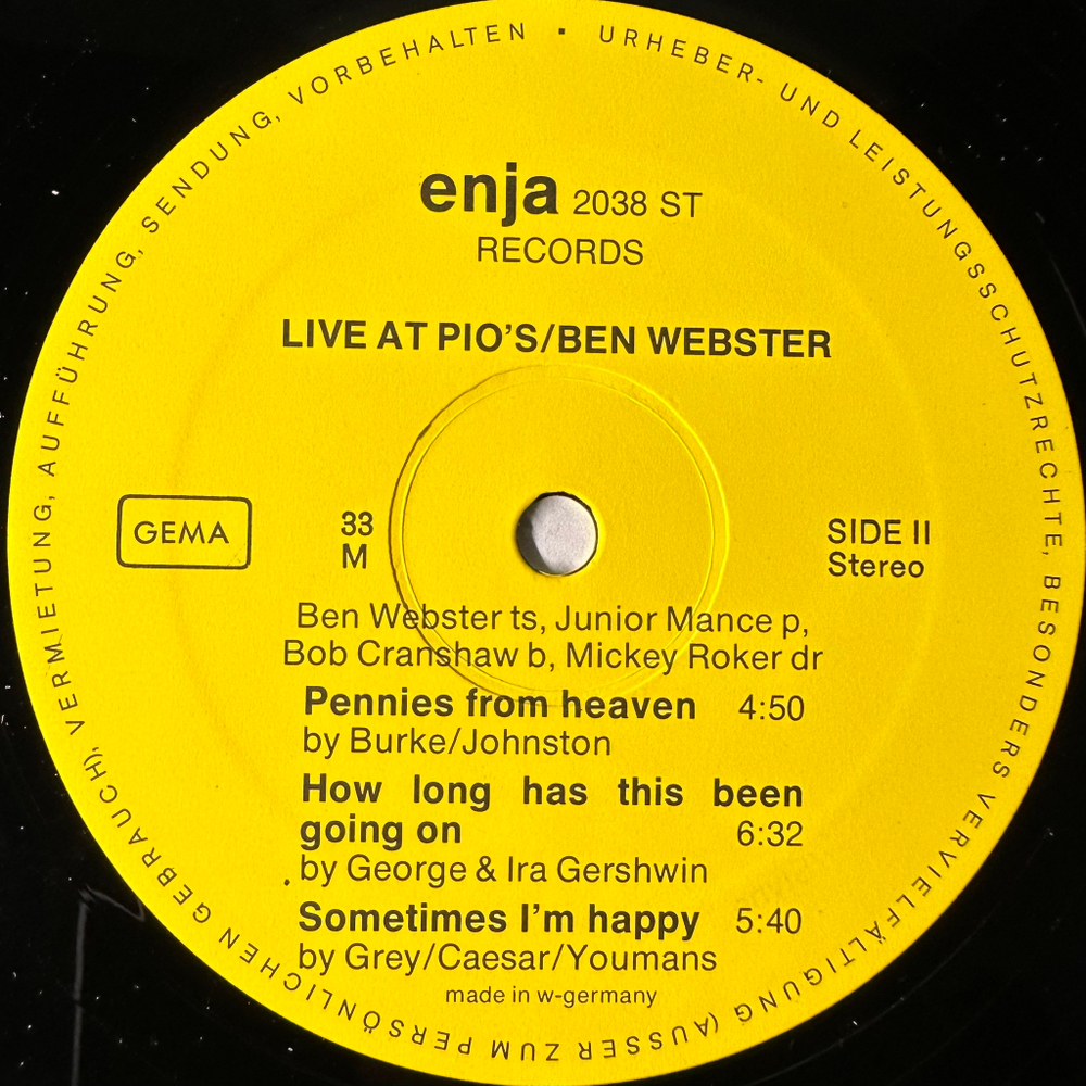 Ben Webster ‎– Live At Pio's (Германия 1974г.)