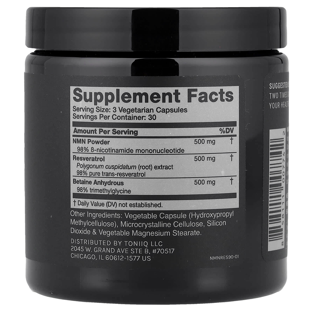 Toniiq, NMN + ресвератрол, 90 капсул