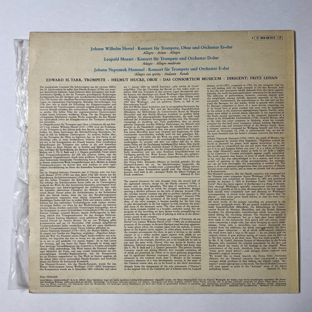 Винтажная виниловая пластинка LP J.W.Hertel, L. Mozart, J.N.Hummel, Edward H. Tarr, Helmut Hucke, Consortium Musicum, Fritz Lehan Doppelkonzert Fur Trompete Oboe Und Orchester Es Dur (Germany 1977)