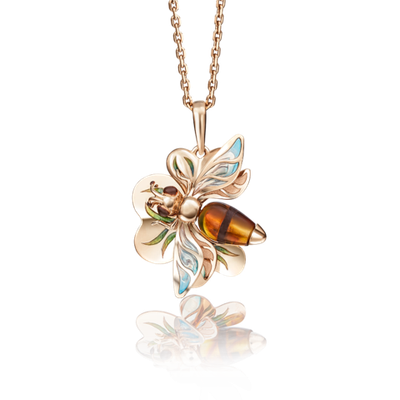 Подвеска «Пчела» из красного золота с янтарём и эмалью