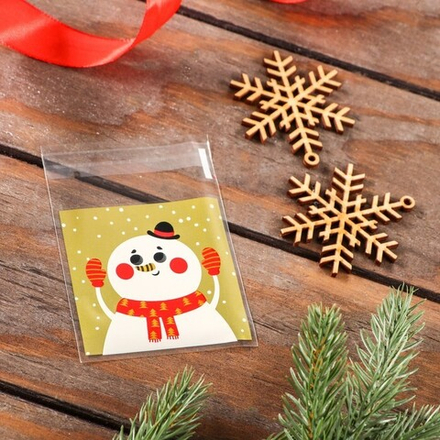 Новый год. Пакет БОПП с липкой лентой, "Снеговик", 7 х 7+3см