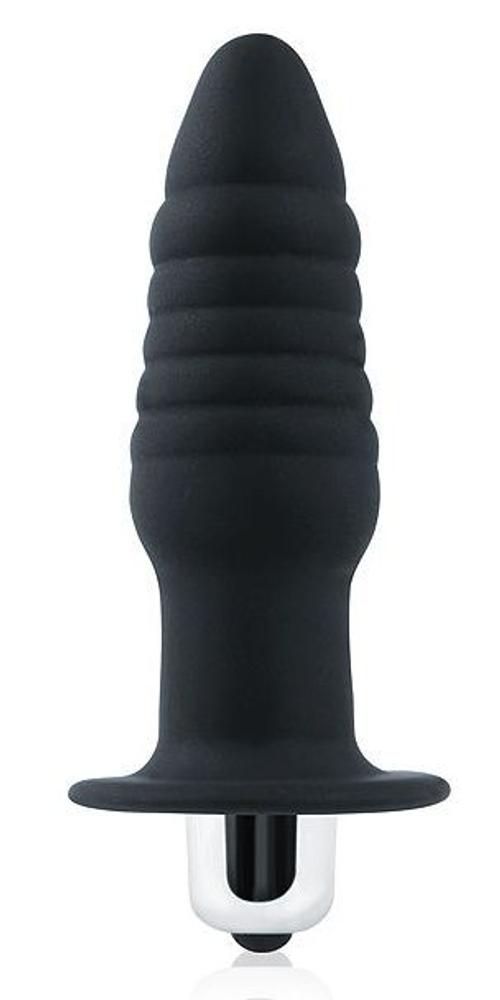 Черная ребристая вибровтулка с ограничителем - 9 см.