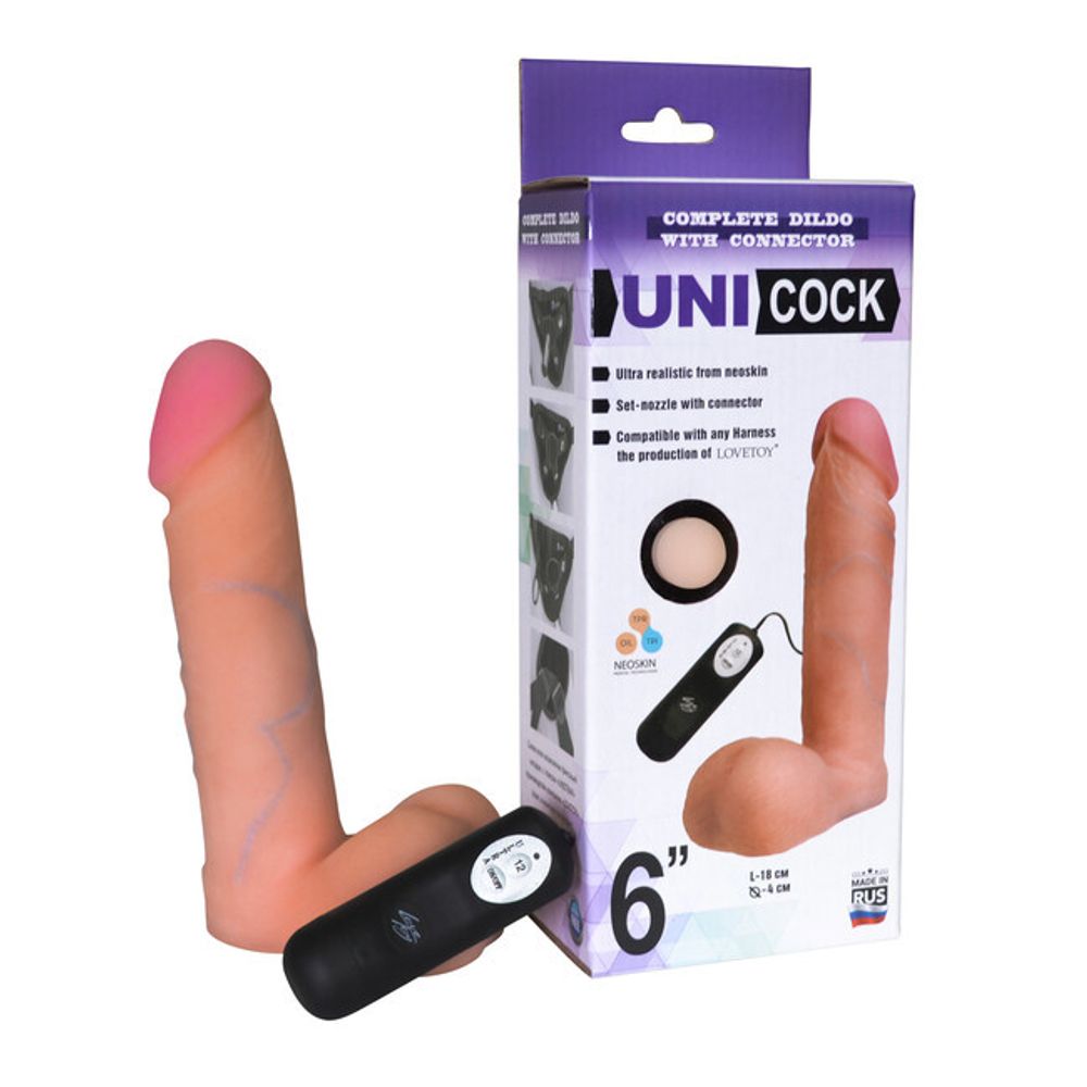 Вибратор с креплением для страпон-трусиков Unicock 6&#39;&#39;12 режимов, вторая кожа (18 см , телесный ) (Цвет: телесный)