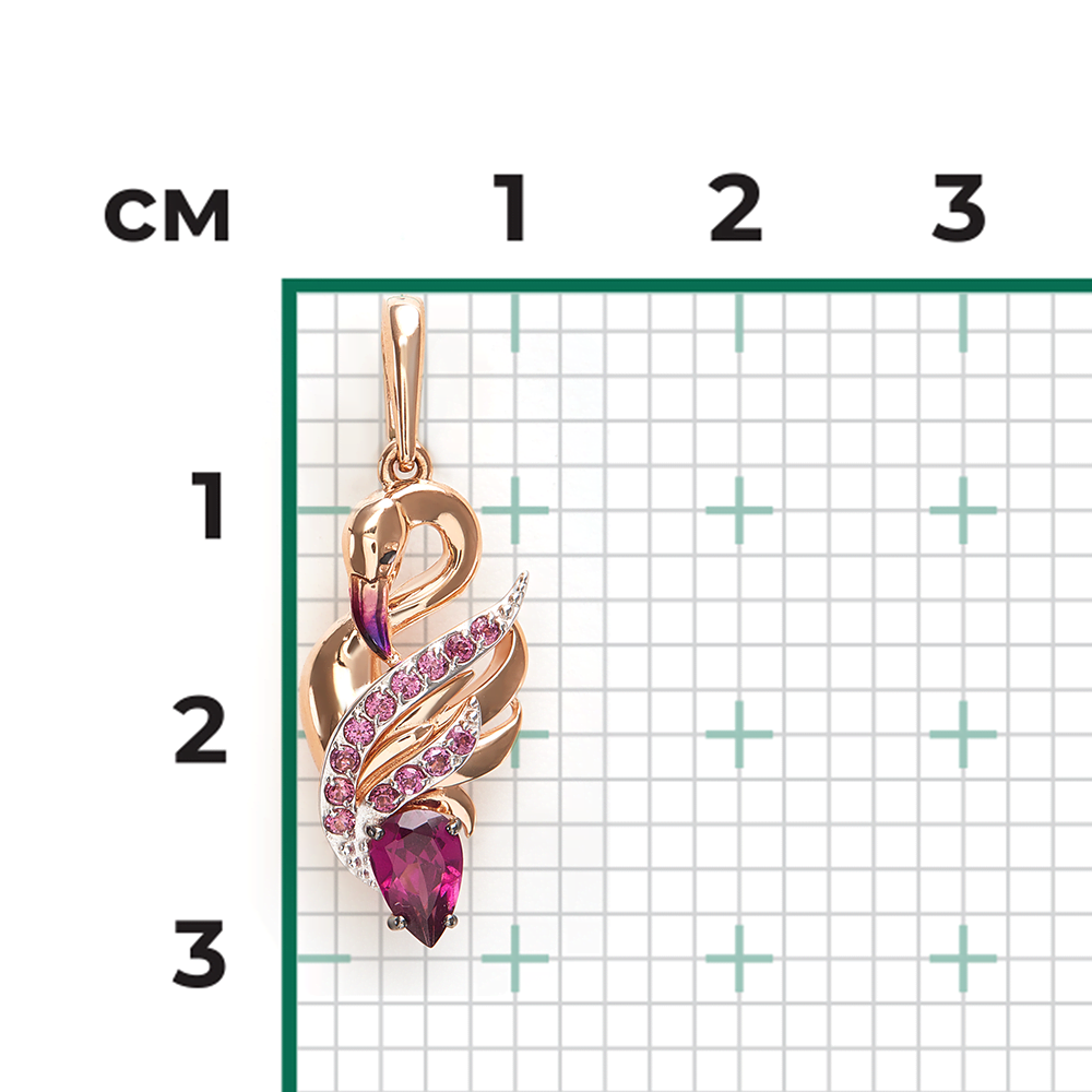 Подвеска «Розовый фламинго» из красного золота с гранатами и эмалью