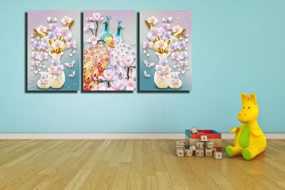 Модульная картина "Триптих с ярким павлином"