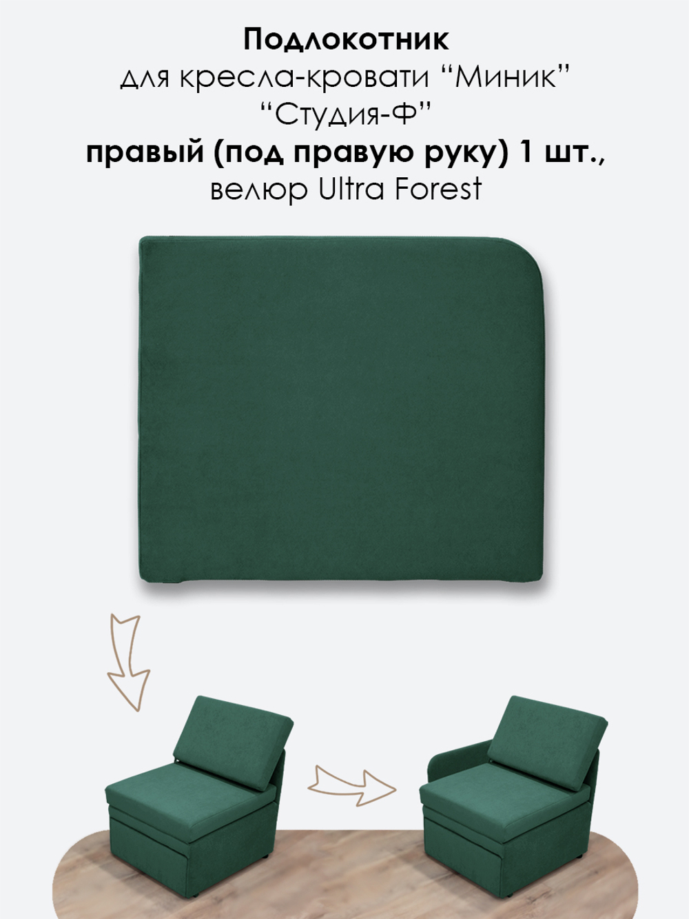 Подлокотник правый для кресла-кровати Миник, велюр Ultra Forest, 1 шт (под правую руку)