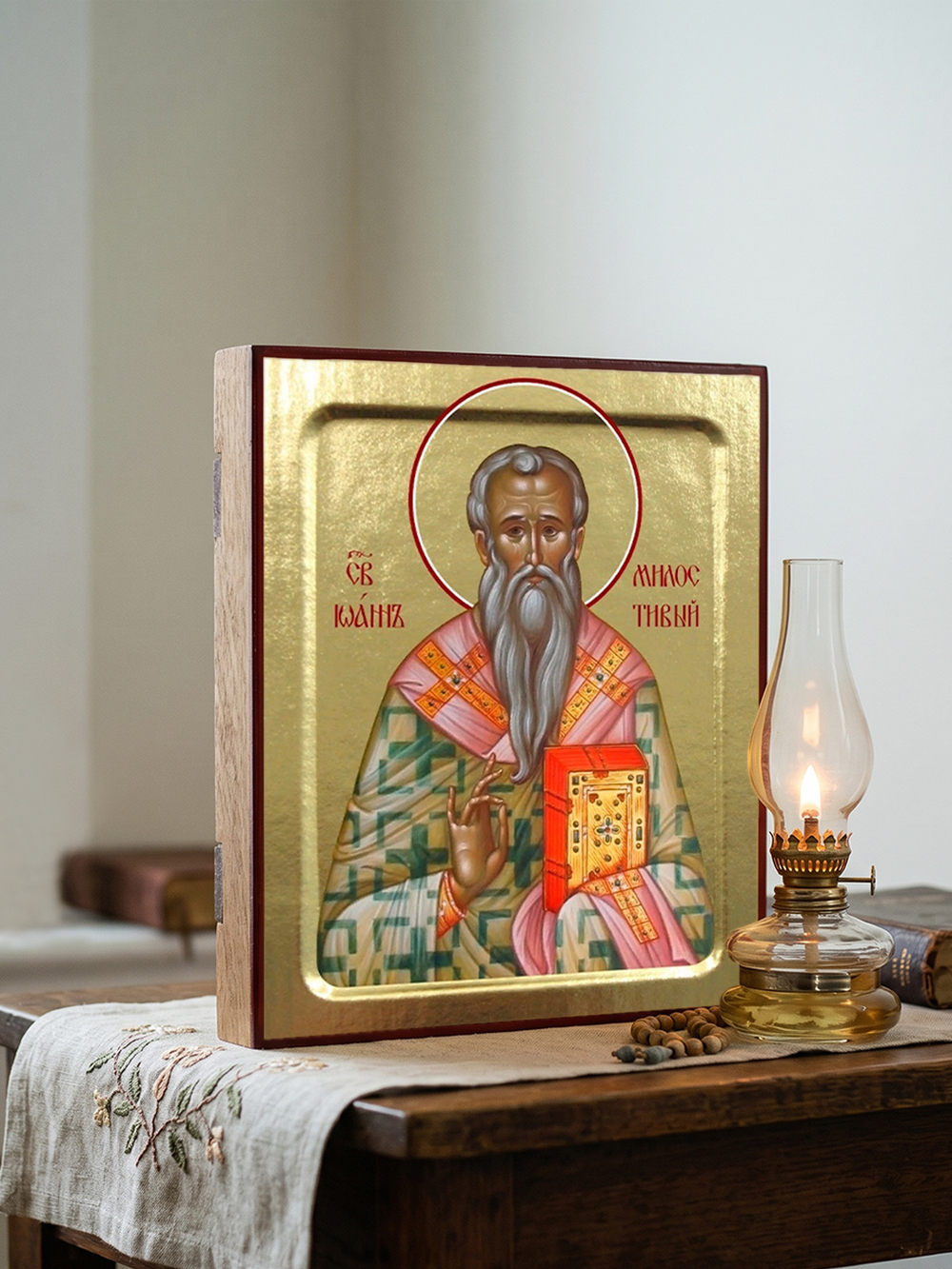 Икона Иоанна Милостивого, святого на дереве: 125 х 160 (Синопсисъ)