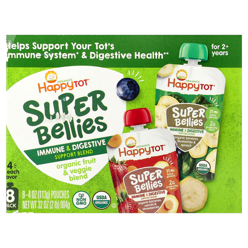 Happy Family Organics, Happy Tot®, Super Bellies™, смесь органических фруктов и овощей для детей от 2 лет, ассорти вкусов, 8 пакетиков по 113 г (4 унции)