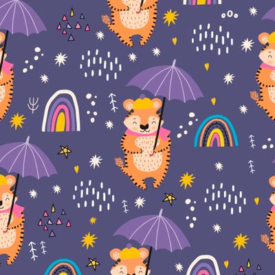 Милый тигренок с зонтиком и радугой