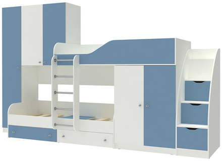 Двухъярусная кровать КарИВи Лео с лестницей Комод КарИВиом Белый  Светло-синий, голубой