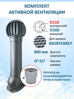 Комплект активной вентиляции: Вентиляционный выход изолированный D125/160 утепленный высота H=700 мм,проходной элемент для металлочерепицы Monterrey, ротационная вентиляционная турбина Ø 160 мм серия Twister, переход на канализационную трубу D110 с вентиляционного выхода 125/160 без уплотнения, коричневый