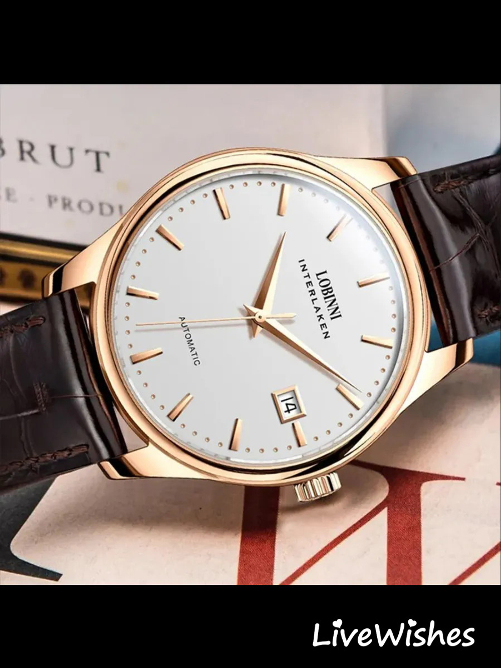 Часы наручные механические с автоподзаводом ПРЕМИУМ LOBINNI на кожаном ремешке, золотистый/коричневый W9680-01