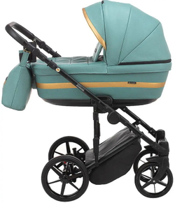 Детская коляска Adamex Rimini Deluxe 2 в 1 RI233 СЕРО-ЗЕЛ,КОЖА+ ЗОЛОТО.ОТДЕЛКА